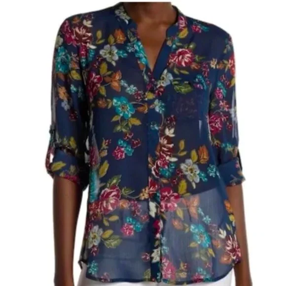 NEW Kut From The Kloth Sinclair Navy Blue Sheer Floral Blouse Size Small - Picture 2 of 12